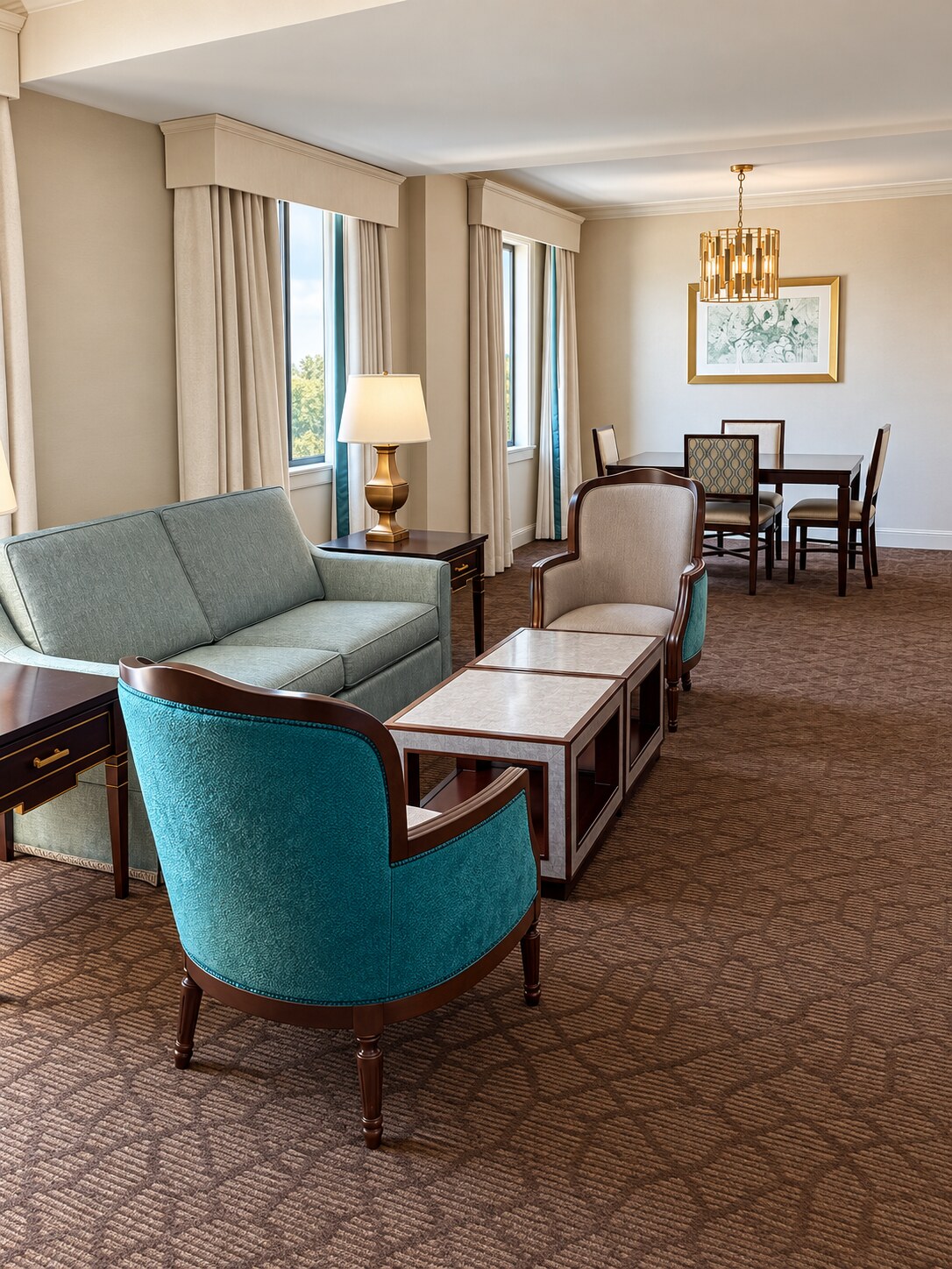Spacious hotel suite with a living and dining area