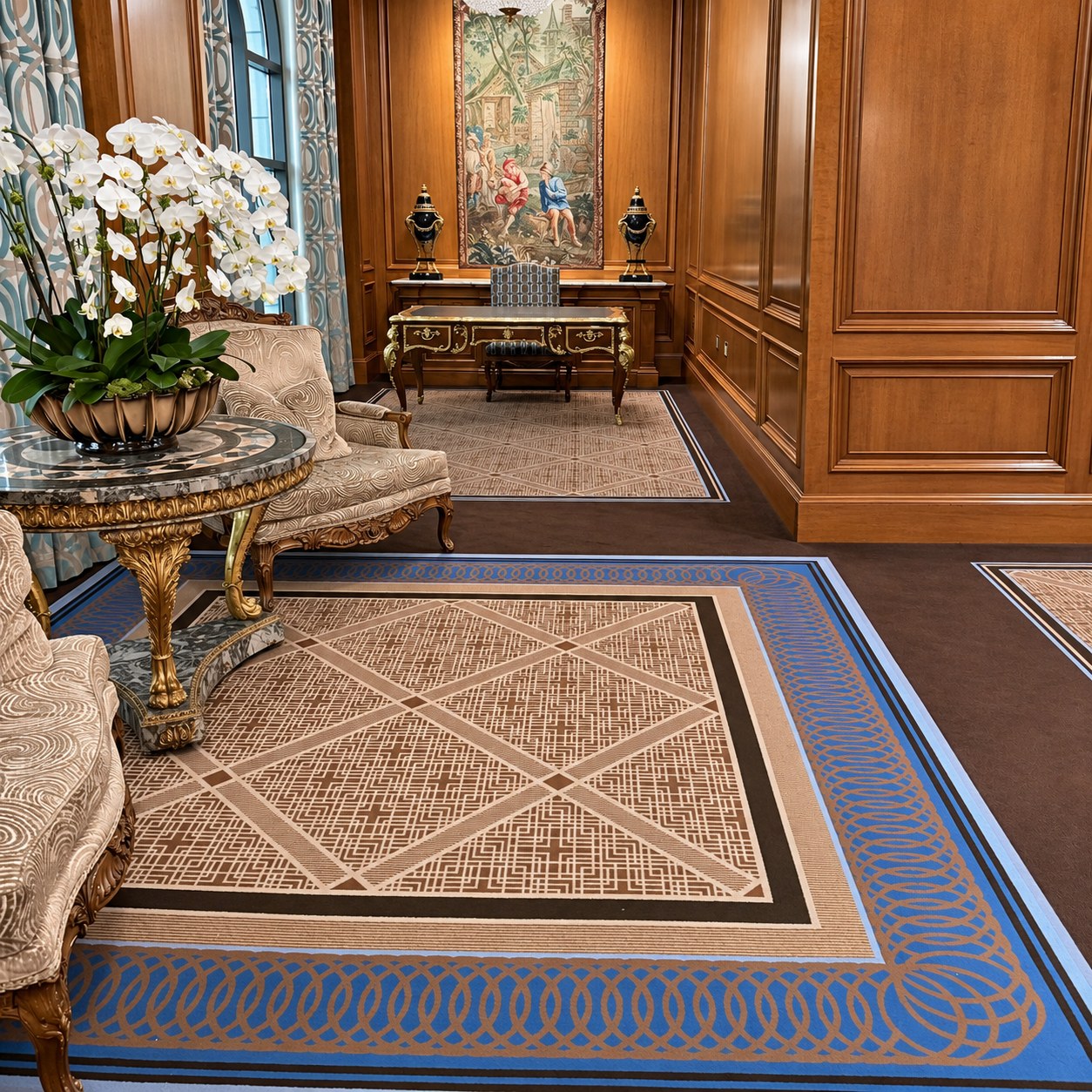 Orchids and classic furnishings in a luxury hotel interior