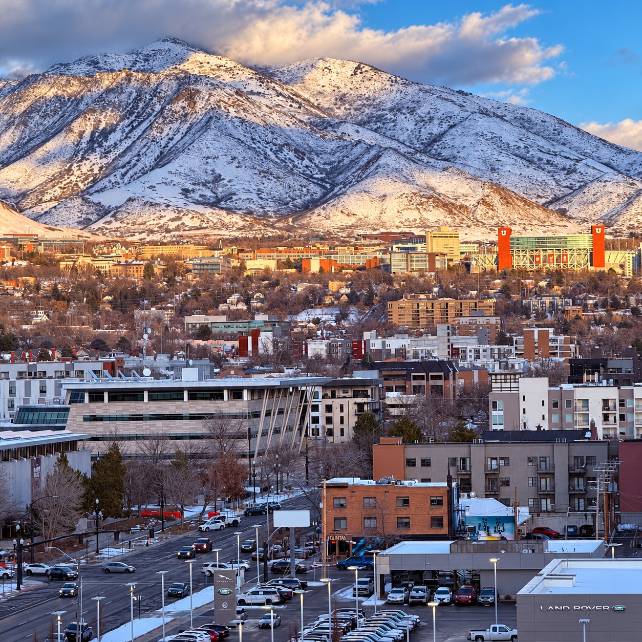 Salt Lake City beneath snow-covered mountains