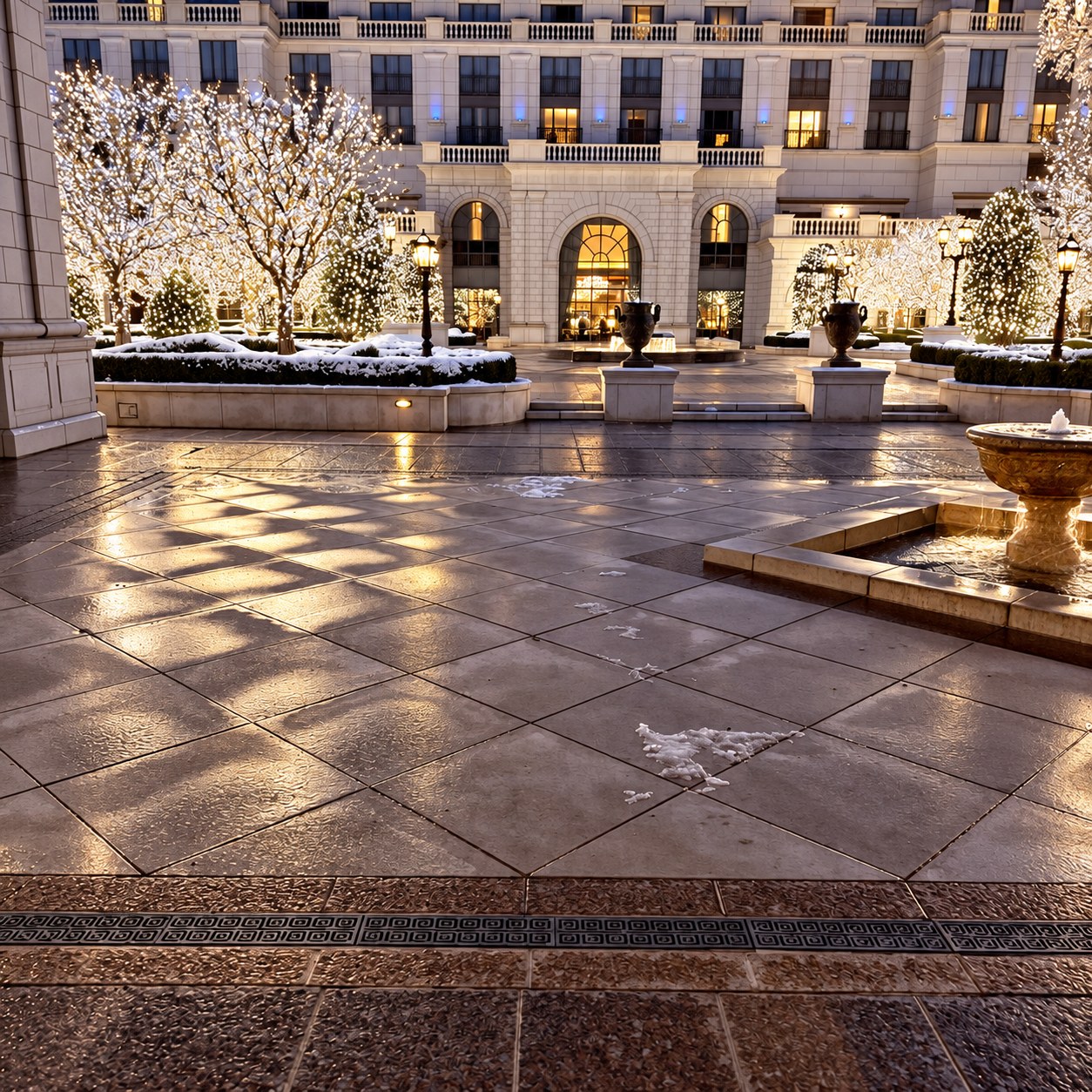 Illuminated hotel courtyard after snowfall